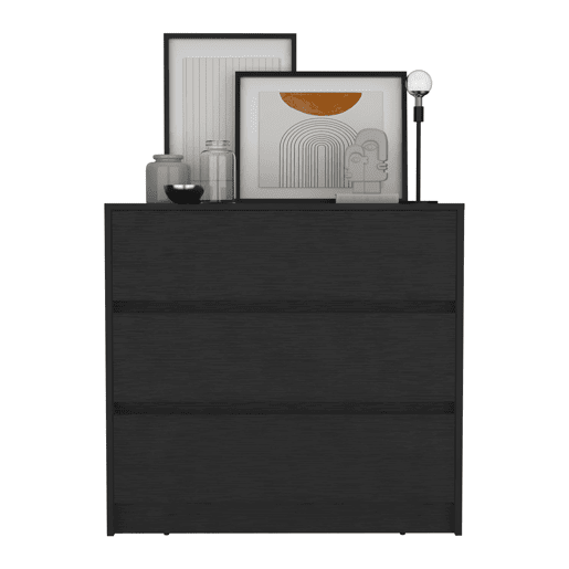 Cómoda Austin em melamina com 3 gavetas com calhas metálicas, preta , 80 cm X 85 cm X 42 cm