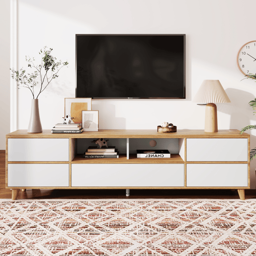 Móvel de TV 175cm de mdf com 5 portas,branco+madeira Móvel de TV 175cm de mdf com 5 portas,branco+madeira