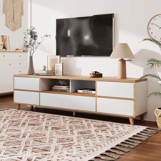 Móvel de TV 175cm de mdf com 5 portas,branco+madeira Móvel de TV 175cm de mdf com 5 portas,branco+madeira