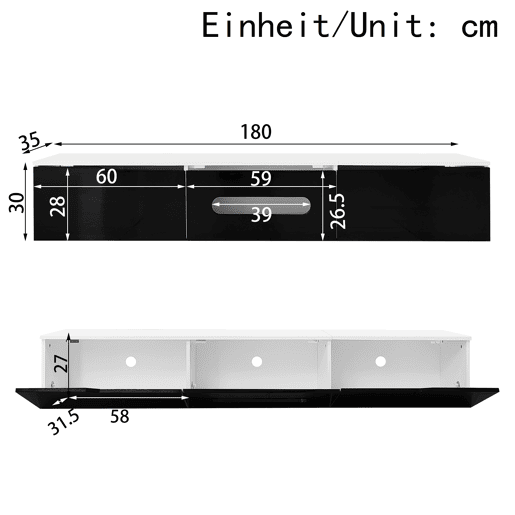 Móvel de TV 180cm de mdf e painel de partículas com 3 portas giratórias e luz led,preto