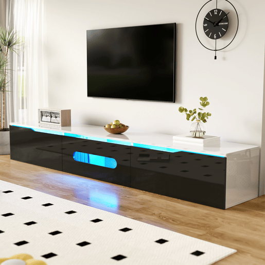 Móvel de TV 180cm de mdf e painel de partículas com 3 portas giratórias e luz led,preto