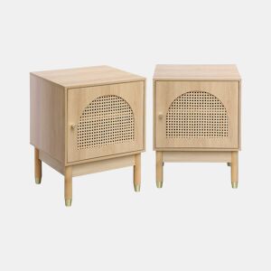 Mesa de cabeceira de madeira e palhinha 1 porta, set de 2, Judith, Natural, 45x40x60 cm