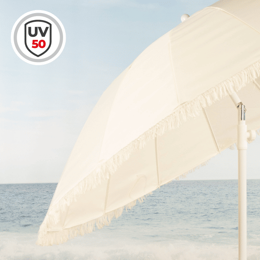 Aktive Guarda-sol de praia de 16 nervuras, 200 cm, bege com franjas Aktive Guarda-sol de praia de 16 nervuras, 200 cm, bege com franjas