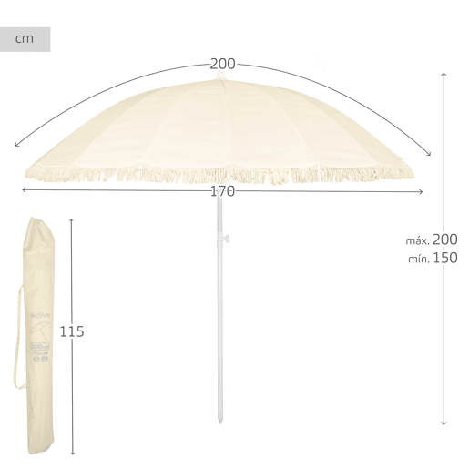 Aktive Guarda-sol de praia de 16 nervuras, 200 cm, bege com franjas Aktive Guarda-sol de praia de 16 nervuras, 200 cm, bege com franjas