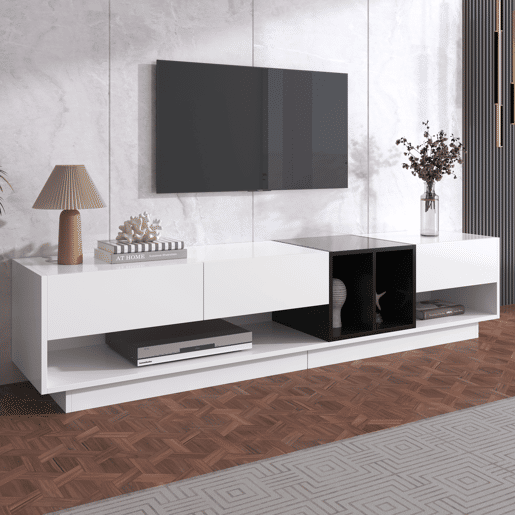Móvel de TV 190cm de painel de partículas com 3 gavetas,branco+preto