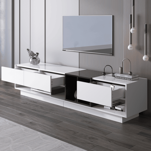 Móvel de TV 190cm de painel de partículas com 3 gavetas,branco+preto