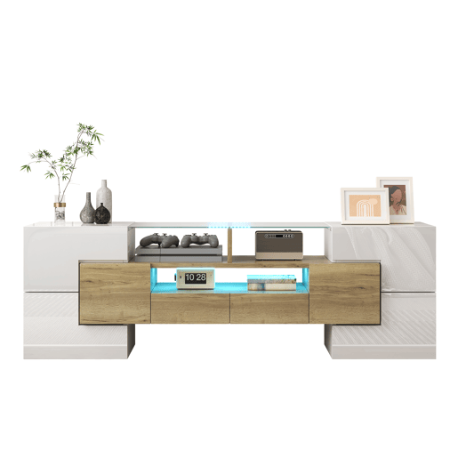 Móvel de TV 145cm de painel de partículas com 4 portas,2 gavetas e luz led,branco+natural