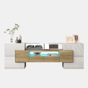 Móvel de TV 145cm de painel de partículas com 4 portas,2 gavetas e luz led,branco+natural