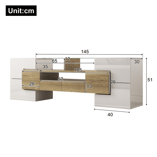 Móvel de TV 145cm de painel de partículas com 4 portas,2 gavetas e luz led,branco+natural