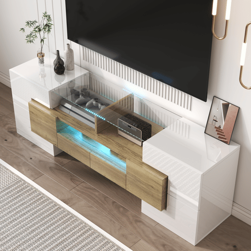 Móvel de TV 145cm de painel de partículas com 4 portas,2 gavetas e luz led,branco+natural