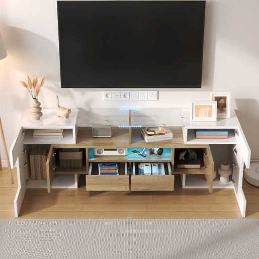 Móvel de TV 145cm de painel de partículas com 4 portas,2 gavetas e luz led,branco+natural