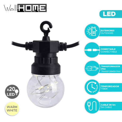 Well Home Guirlanda de 20 Luzes Quentes