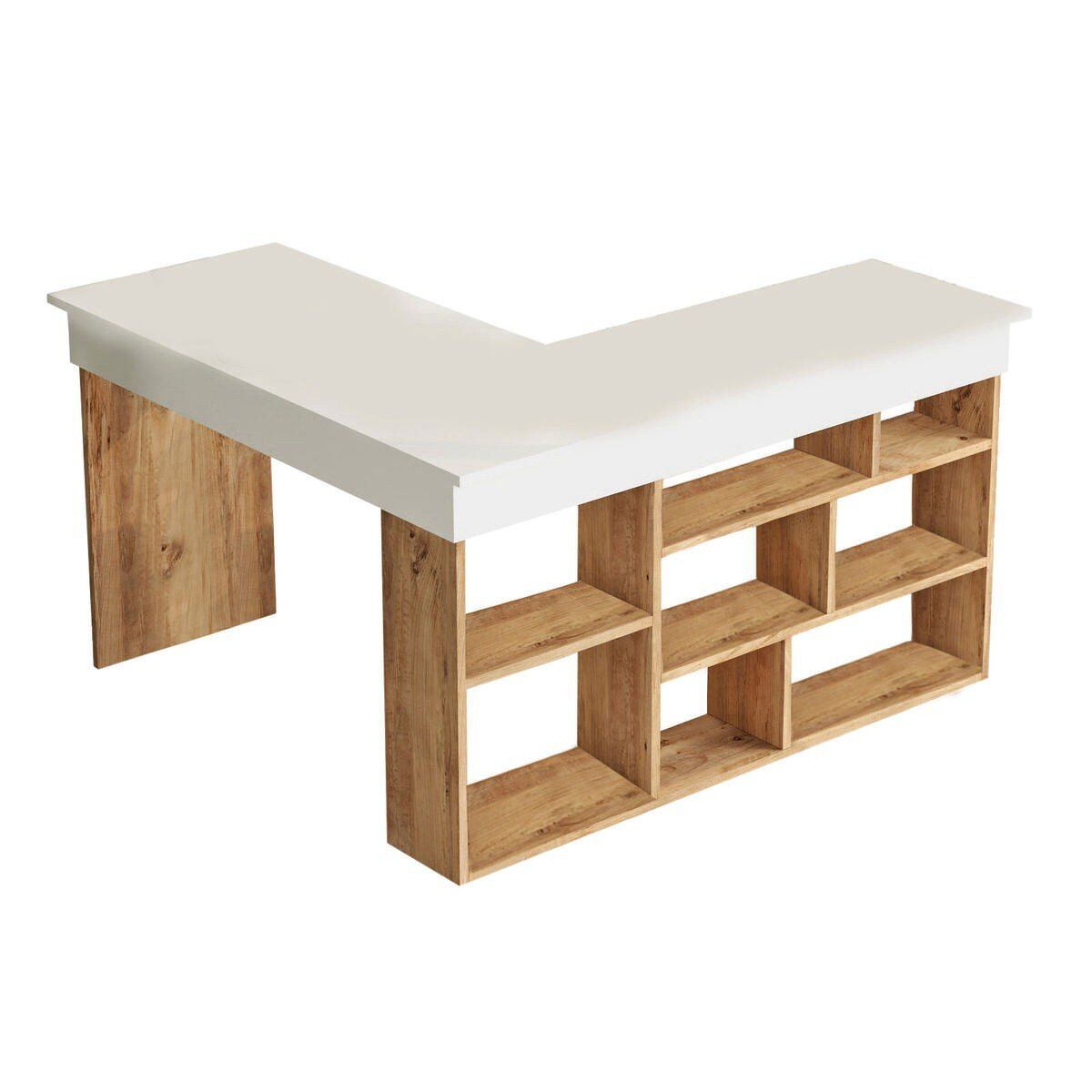 Escritorio con estantes de almacenamiento decorado en madera de pino y blanco l180 cm