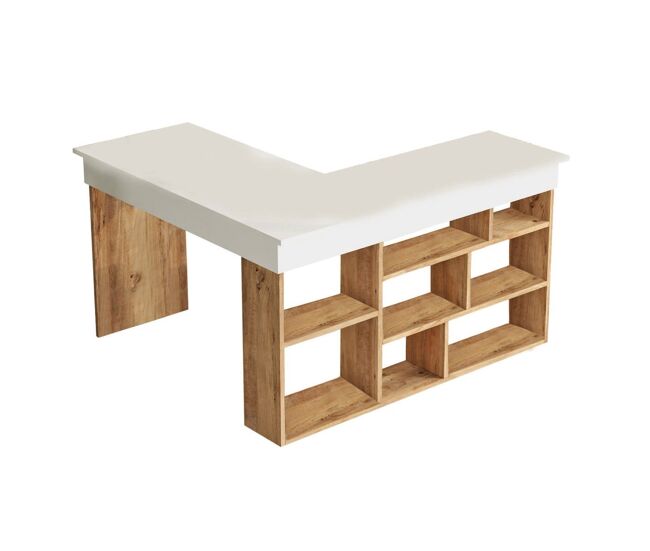Escritorio con estantes de almacenamiento decorado en madera de pino y blanco l180 cm
