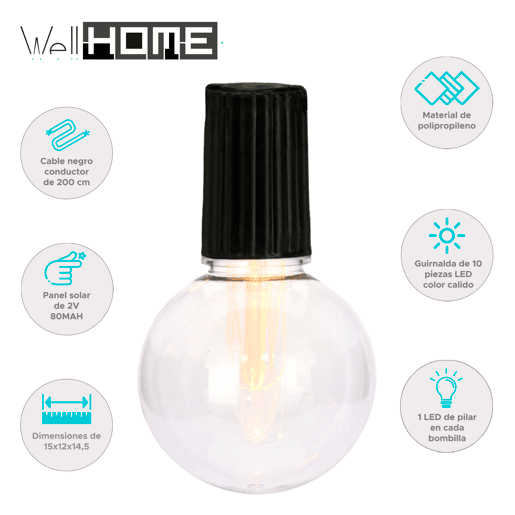 Well Home Conjunto de 20 luzes solares quentes para festas com painel de LED