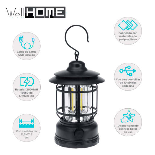 Well Home Camping Light Ø11,5x17,8cm com 3 lâmpadas e recarregável USB Cor Preto