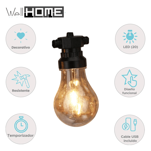 Well Home Garland com 20 luzes LED quentes e cabo condutor