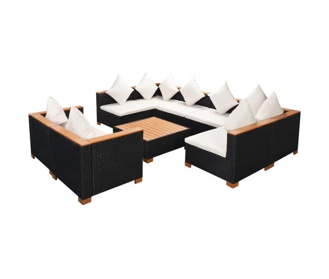 Set de muebles de jardín 9 pzas y cojines ratán sintético negro
