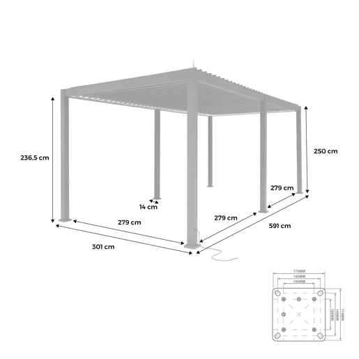 Pérgola bioclimática elétrica em alumínio 3x6m com iluminação LED, Triomphe 3x6m LED, Branco, 591x301x250 cm