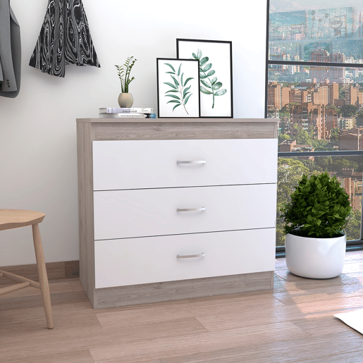 Cómoda Melia em melamina com 3 gavetas com calhas metálicas, multicolor, 75.7 cm X 80 cm X 39.8 cm
