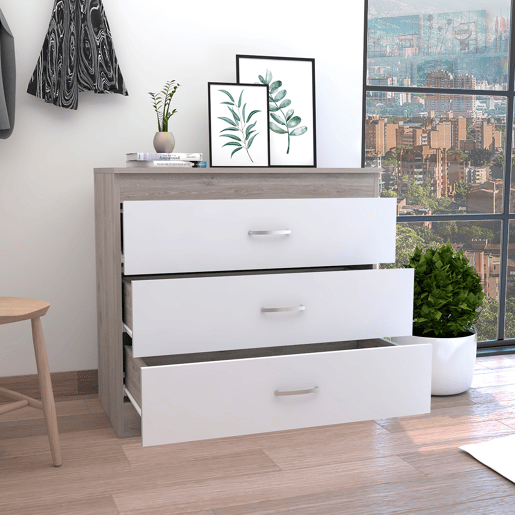 Cómoda Melia em melamina com 3 gavetas com calhas metálicas, multicolor, 75.7 cm X 80 cm X 39.8 cm
