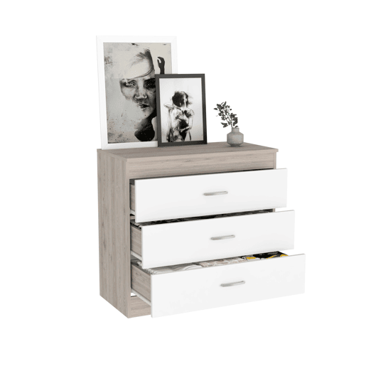 Cómoda Melia em melamina com 3 gavetas com calhas metálicas, multicolor, 75.7 cm X 80 cm X 39.8 cm