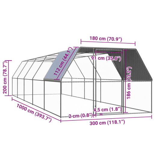 vidaXL Galinheiro de exterior 3x10x2 m aço galvanizado