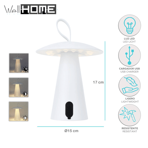 Candeeiro de mesa recarregável Well Home branco Ø15x17cm