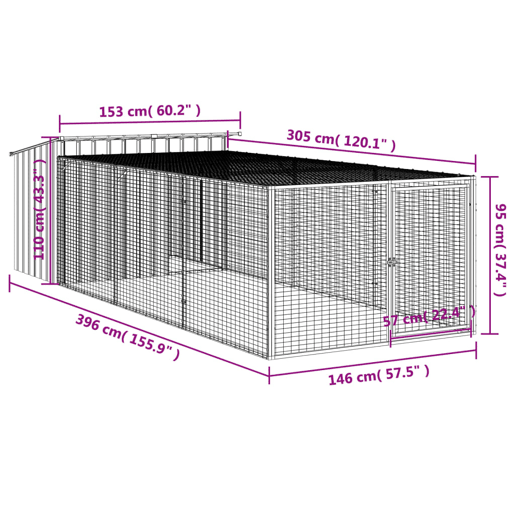 vidaXL Casota para cães com corredor antracite 153x396x110 cm aço galvanizado