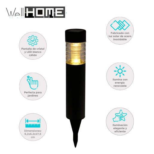 Well Home Luz Solar em Aço Inox com Abajur de Vidro Ø6x27cm