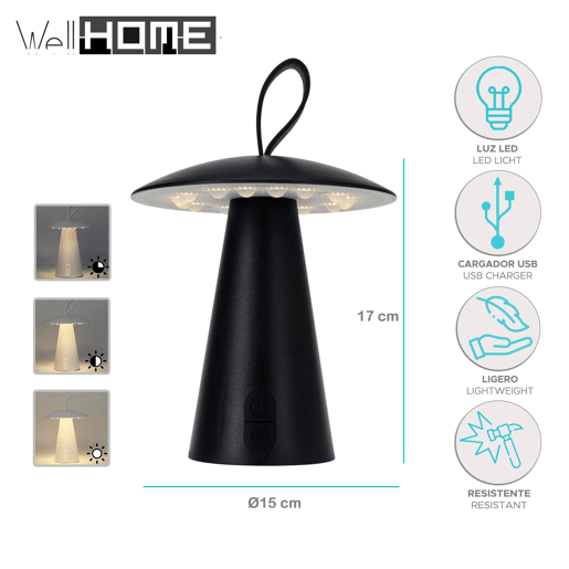 Candeeiro de mesa recarregável Well Home preto Ø15x17cm