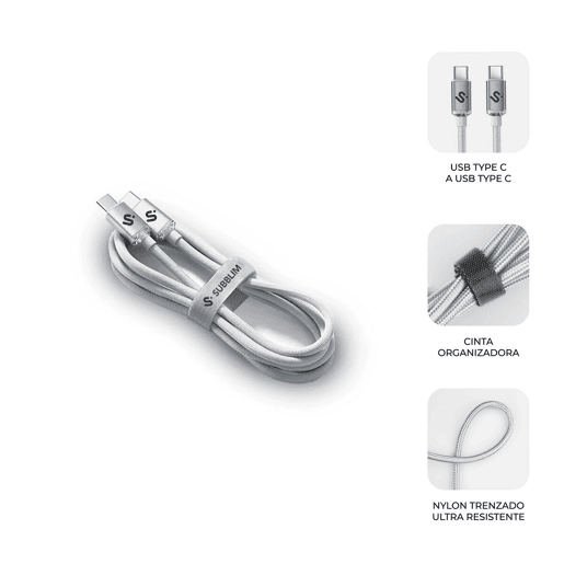 Cabo USB-C para USB-C Subblim OPTIMUS Branco 2 m Cabo USB-C para USB-C Subblim OPTIMUS Branco 2 m