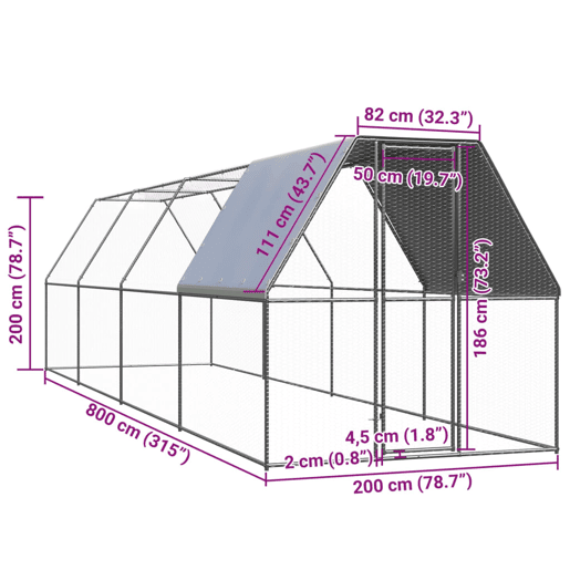 vidaXL Galinheiro de exterior 2x8x2 m aço galvanizado