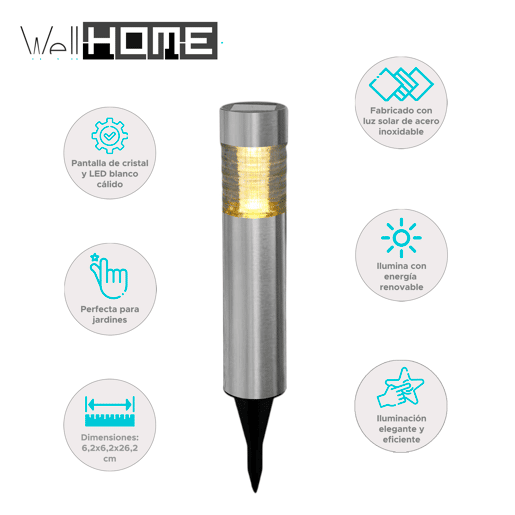 Well Home Luz Solar em Aço Inox com Abajur de Vidro Ø6x27cm