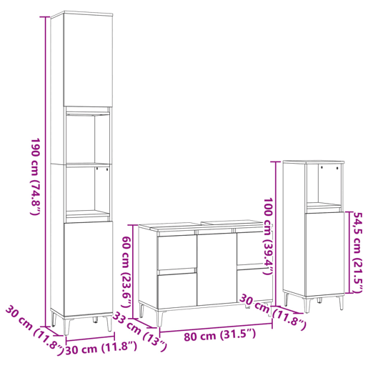 vidaXL 3 pcs conj. móveis casa banho derivados madeira carvalho sonoma