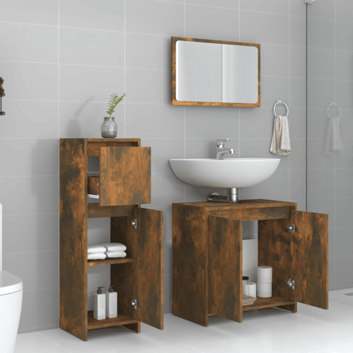 vidaXL 3 pcs conjunto de móveis WC madeira processada carvalho fumado vidaXL 3 pcs conjunto de móveis WC madeira processada carvalho fumado