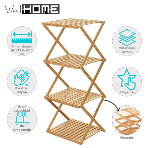 Prateleira de armazenamento Well Home com 4 prateleiras em bambu Alt.93,5cm