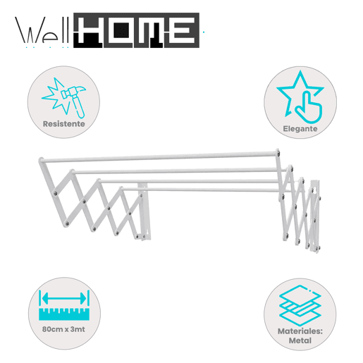 Well Home Varal Extensível de Parede Metálica 80cm x 3m