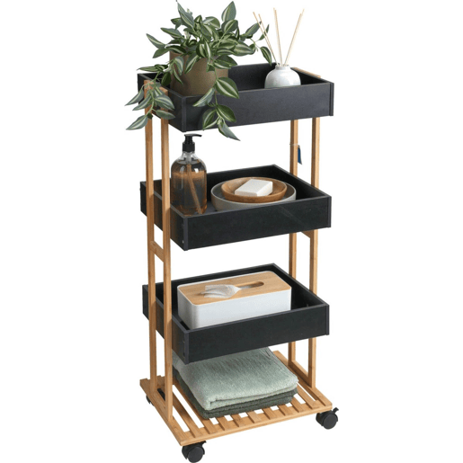 Carrinho de armazenamento de bambu Well Home com 1 prateleira e 3 bandejas