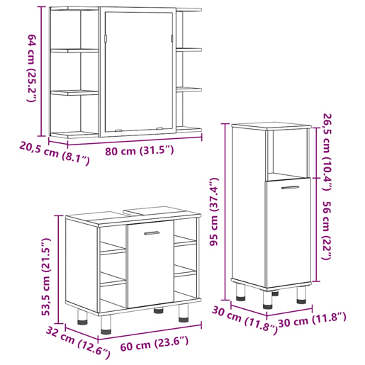 vidaXL 3 pcs conj. móveis casa banho derivados madeira cinza cimento