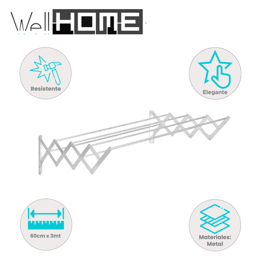 Well Home Varal Extensível de Parede Metálica 60cm x 3m