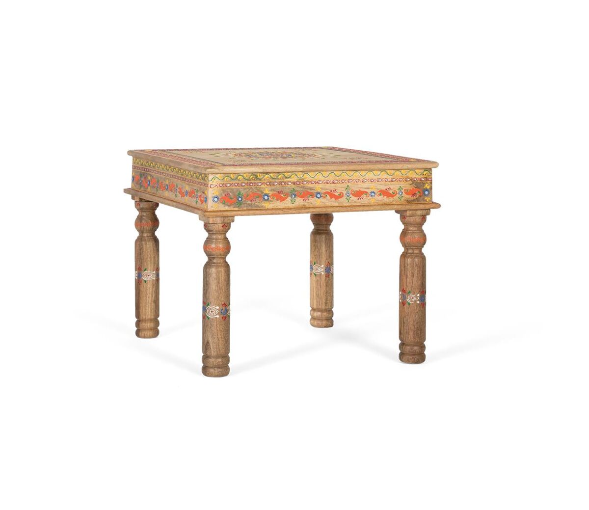 mesa de centro fabricada en madera de mango los detalles pintados a mano realzan su diseno