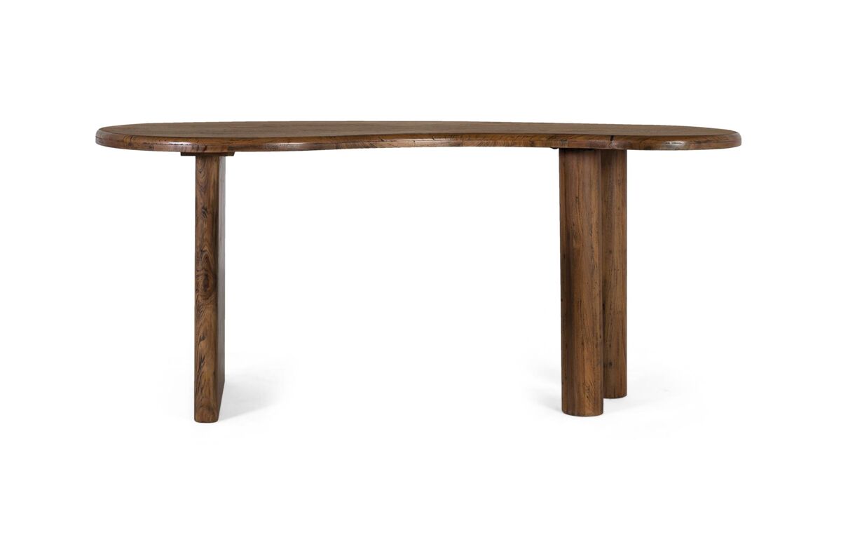 Elegante mesa escritorio de estilo rústico fabricado en madera de teka y acabado en color nogal.