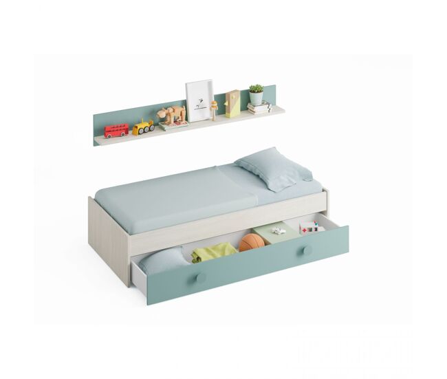 Cama nido juvenil con estante en blanco alpes y verde acqua 98x201 cm yuki blanco alpes - verde acqua 201 x 43 x 98 cm