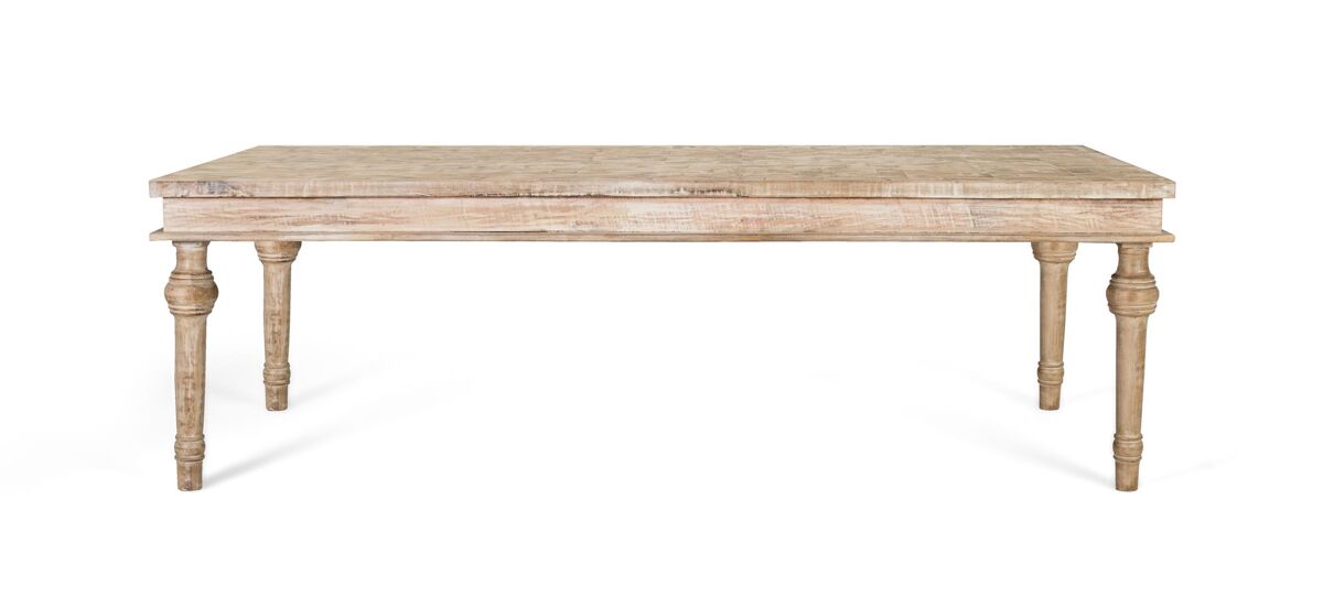 esta mesa de comedor fabricada en madera maciza de mango combina durabilidad y diseno artesanal