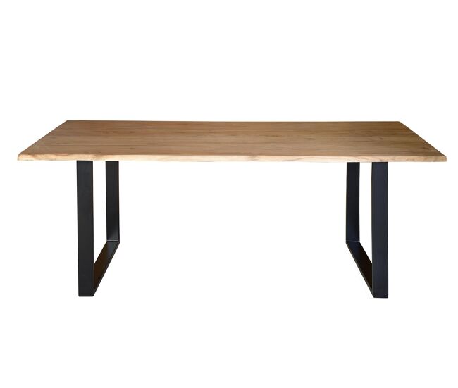 Mesa de comedor con tapa de madera de acacia maciza y patas de hierro.