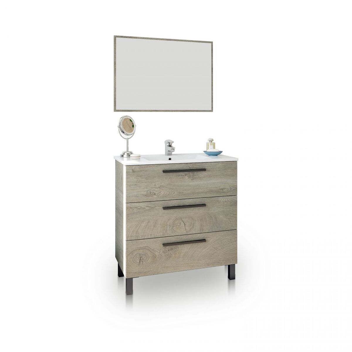 Mueble de baño de 3 cajones y espejo en roble alaska 45x80 cm sense roble alaska 80 x 86 x 45 cm