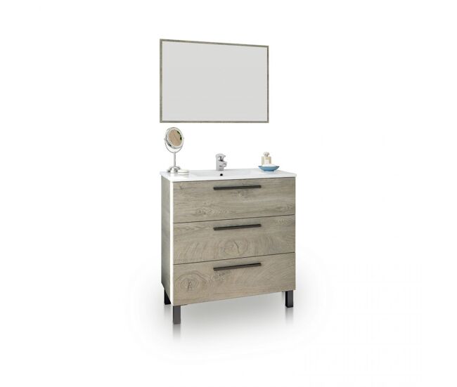 Mueble de baño de 3 cajones y espejo en roble alaska 45x80 cm sense roble alaska 80 x 86 x 45 cm