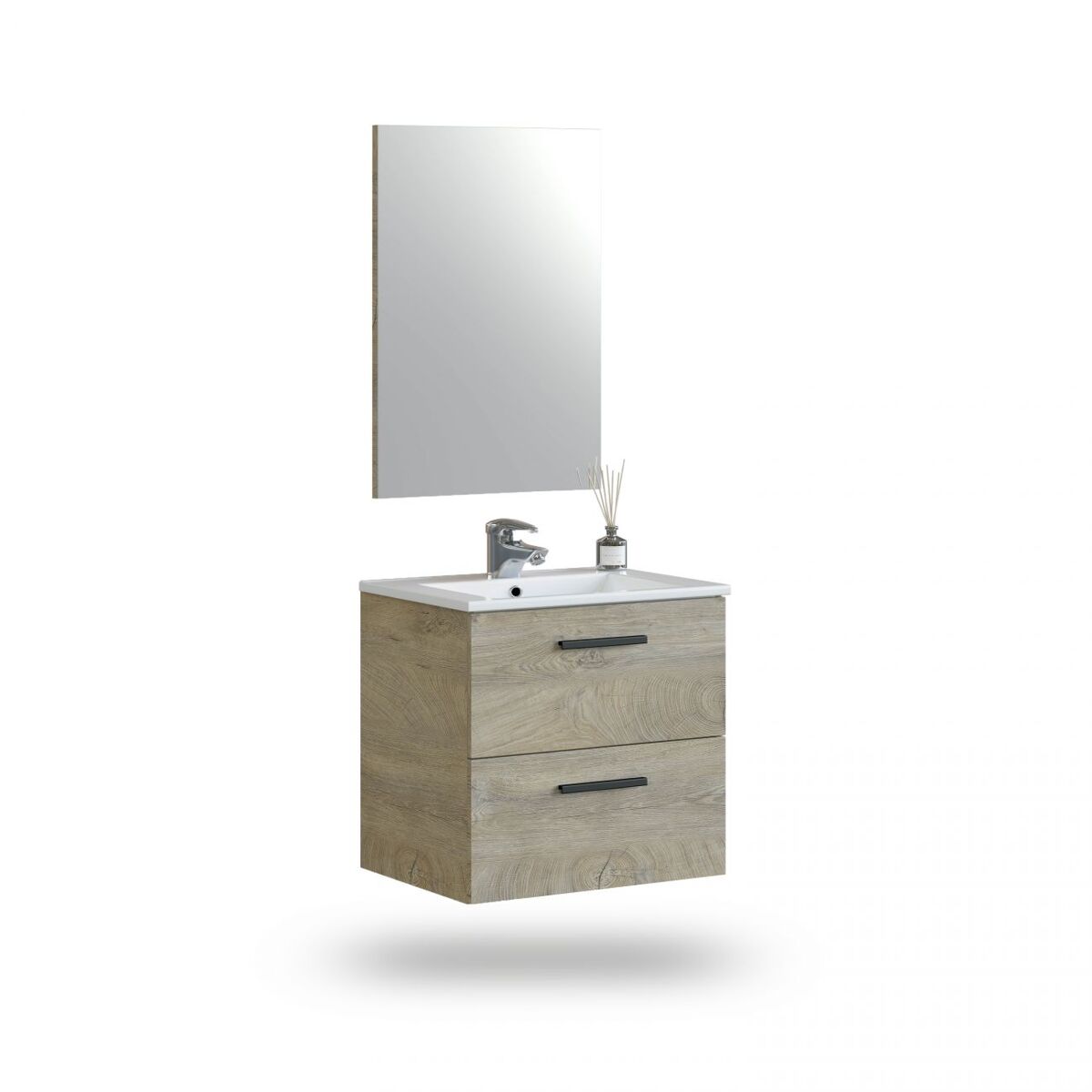 Mueble de baño suspendido de 2 cajones y espejo en roble alaska 45x60 cm sense roble alaska 60 x 57 x 45 cm