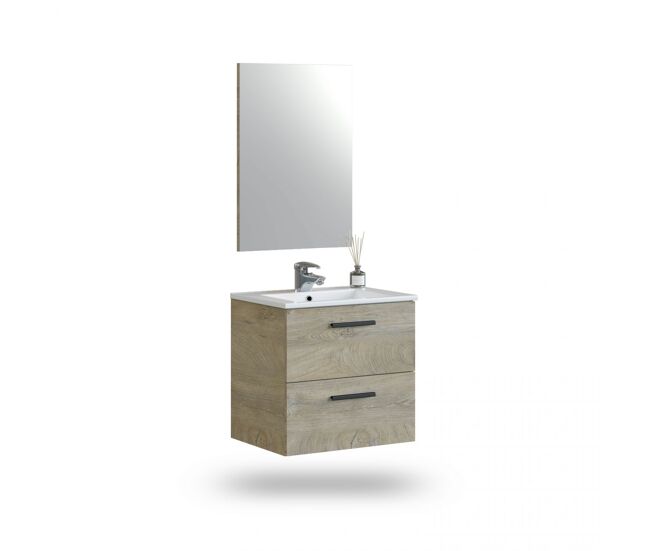 Mueble de baño suspendido de 2 cajones y espejo en roble alaska 45x60 cm sense roble alaska 60 x 57 x 45 cm